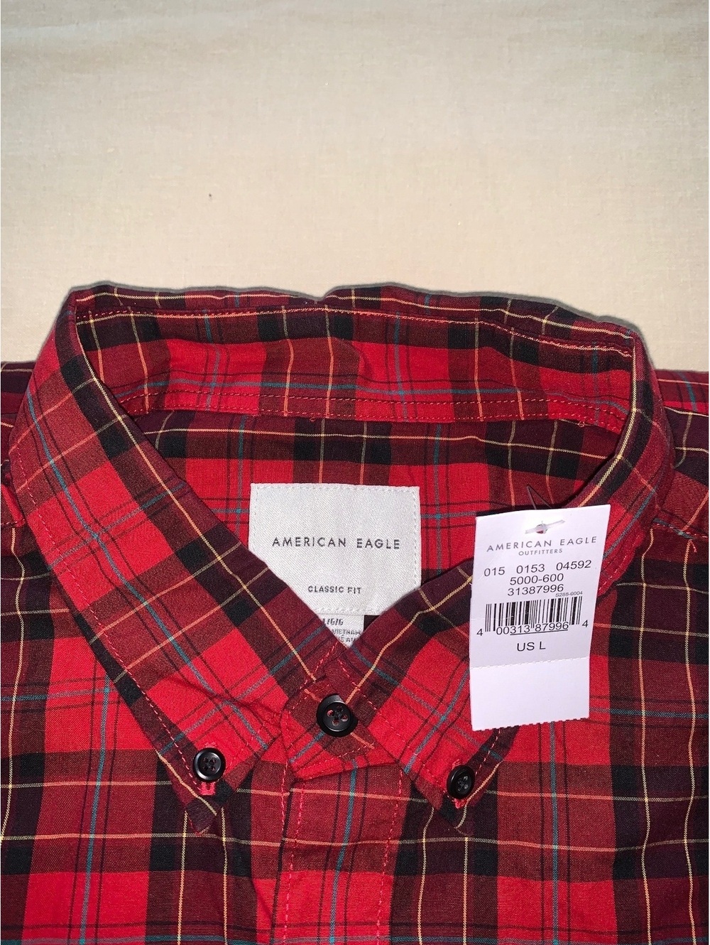 American Eagle Red Plaid Long Sleeve Button Front Shirt Size Small